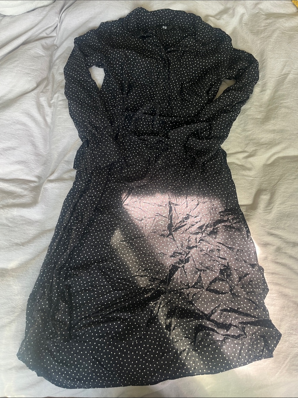 Uniqlo Black Long-Sleeve Polka Dot Shirt Dress